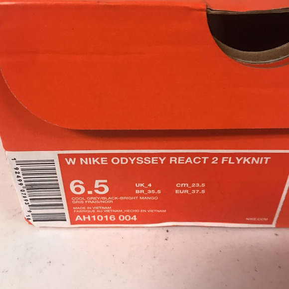 Nike Women’s Sz 6.5 Odyssey React 2 Flyknit Running Shoes, Grey / Mango - Picture 8 of 8